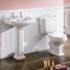 Twin Tap Victorian Basin  and Victoria Close Coupled Toilet Set - White Seat 
