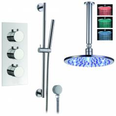 Rhine Thermostatic Shower Mixer Kit with 200mm Round LED Head - Hand Held 