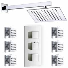 Crescent Thermostatic Shower Mixer Kit with 195mm Square Head - Body Jets 