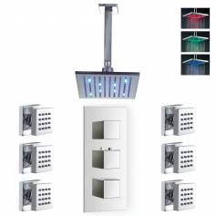 Bonita Thermostatic Shower Mixer Kit with 195mm Square LED Head - Body Jets 