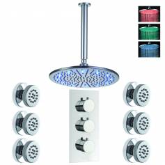 Bonita Thermostatic Shower Mixer Kit with 300mm Round LED Head - Body Jets 