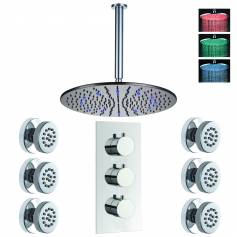 Bonita Thermostatic Shower Mixer Kit with 400mm Round LED Head - Body Jets 