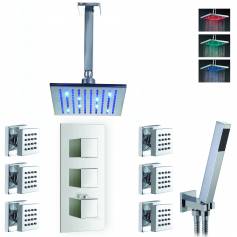 Jonha Thermostatic Shower Mixer Kit with 195mm Square LED Head - Hand Held &amp; Body Jets 