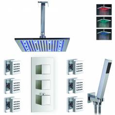 Jonha Thermostatic Shower Mixer Kit with 305mm Square LED Head - Hand Held &amp; Body Jets 