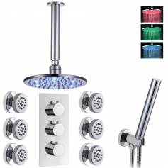 Jonha Thermostatic Shower Mixer Kit with 200mm Round LED Head - Hand Held &amp; Body Jets 