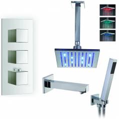 Coban Thermostatic Shower Mixer Kit with 195mm Square LED Head - Hand Held &amp; Bath Filler Tap 