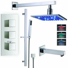 Ravana Thermostatic Shower Mixer Kit with 195mm Square LED Head - Hand Held &amp; Bath Filler Tap 