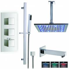 Borov Thermostatic Shower Mixer Kit with 305mm Square LED Head - Hand Held &amp; Bath Filler Tap 
