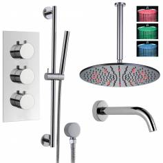 Borov Thermostatic Shower Mixer Kit with 400mm Round LED Head - Hand Held &amp; Bath Filler Tap 