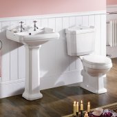 Victoria Twin Tap Basin and Close Coupled Toilet Set - White Seat